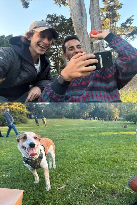 Tristan and Aaron's Moment in a park in San Francisco. The two of them laughing on top, a dog running up below. Both photos were taken at 7:39:04 pm.